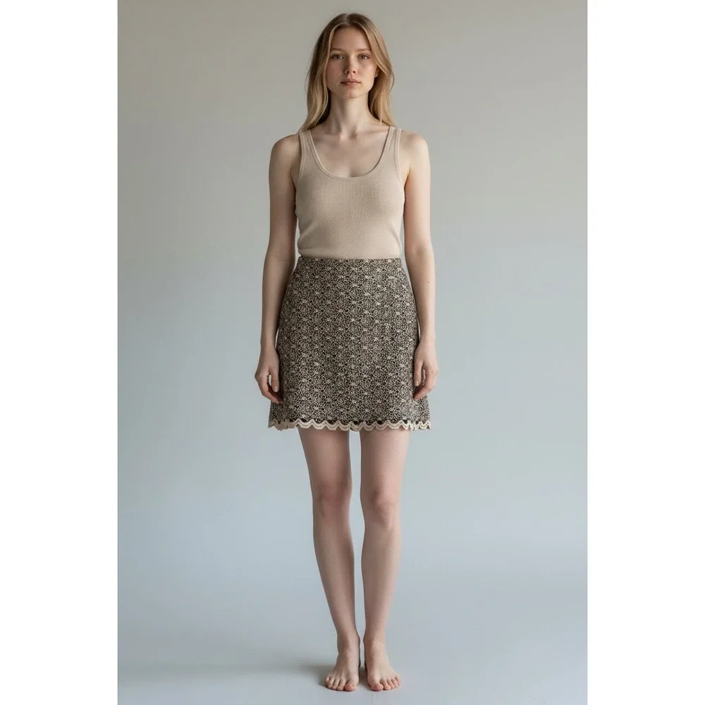 Gantos Vintage Black Gold‎ Metallic Lace Scalloped Skirt Womens Large USA